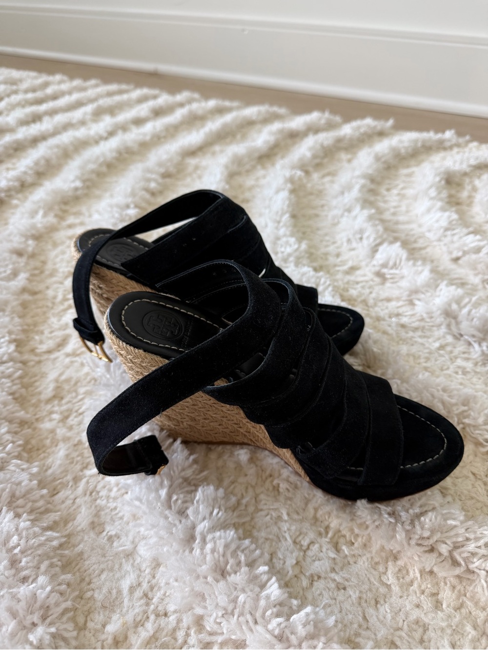 Tory Burch Black Suede Strappy Espadrille Wedge Sandals
